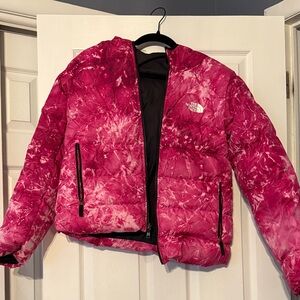 The North Face Fuchsia Tie-Dye Puffer Jacket reversible with black.